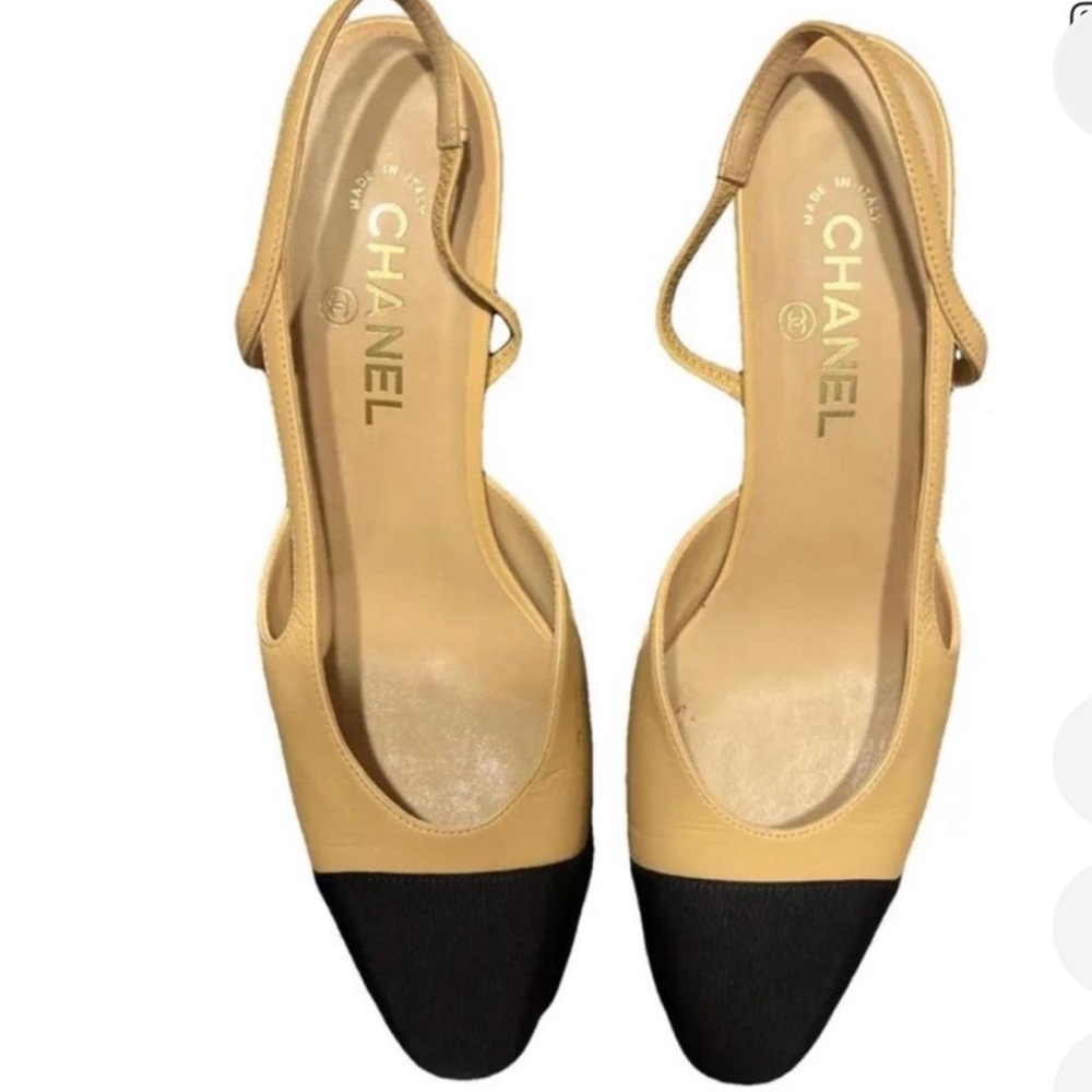 CHANEL Beige and Black Slingback Heels/pumps -FREE AUTHENTICATION